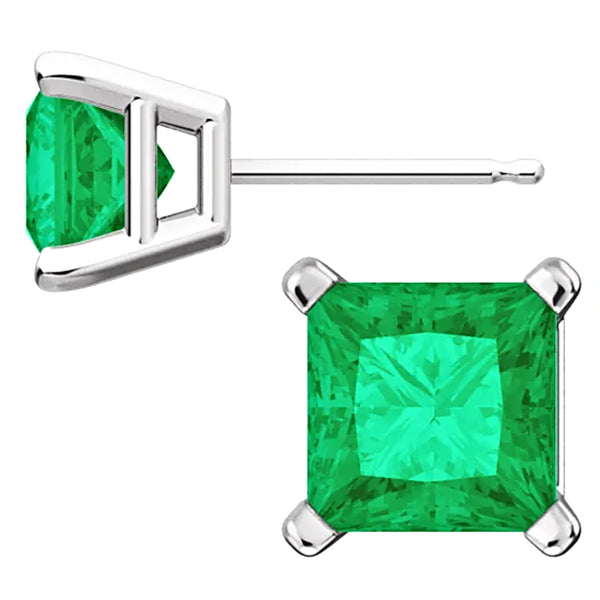 Sterling Silver Princess Cut Emerald Ice CZ Basket Set Stud Earrings