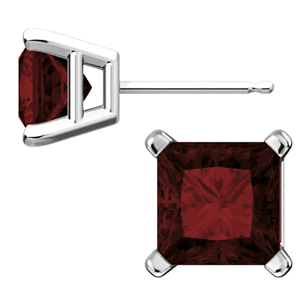 Sterling Silver Princess Cut Garnet Ice CZ Basket Set Stud Earrings