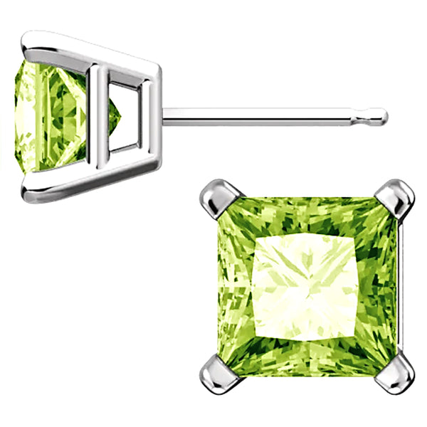 Sterling Silver Princess Cut Peridot Ice CZ Basket Set Stud Earrings