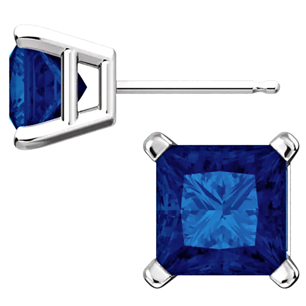 Sterling Silver Princess Cut Blue Sapphire Ice CZ Basket Set Stud Earrings