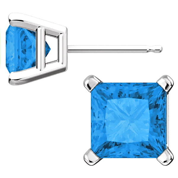 Sterling Silver Princess Cut Blue Zircon Ice CZ Basket Set Stud Earrings