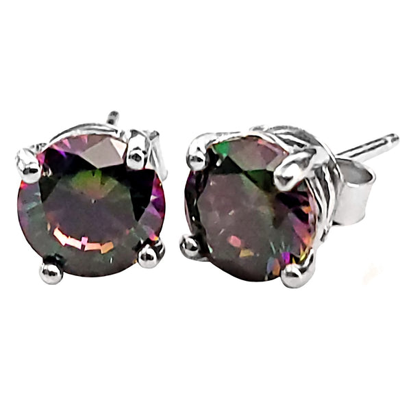Trustmark Jewelers 6mm Brilliant Cut Simulated Mystic Rainbow Topaz Ice CZ Silver Stud Earrings