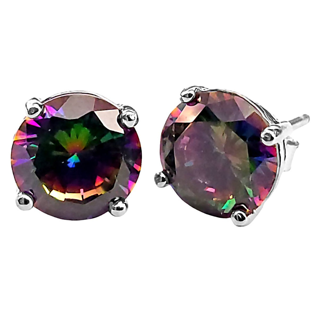 Trustmark 9mm Brilliant Cut Simulated Mystic Rainbow Topaz Ice CZ Silver Stud Earrings