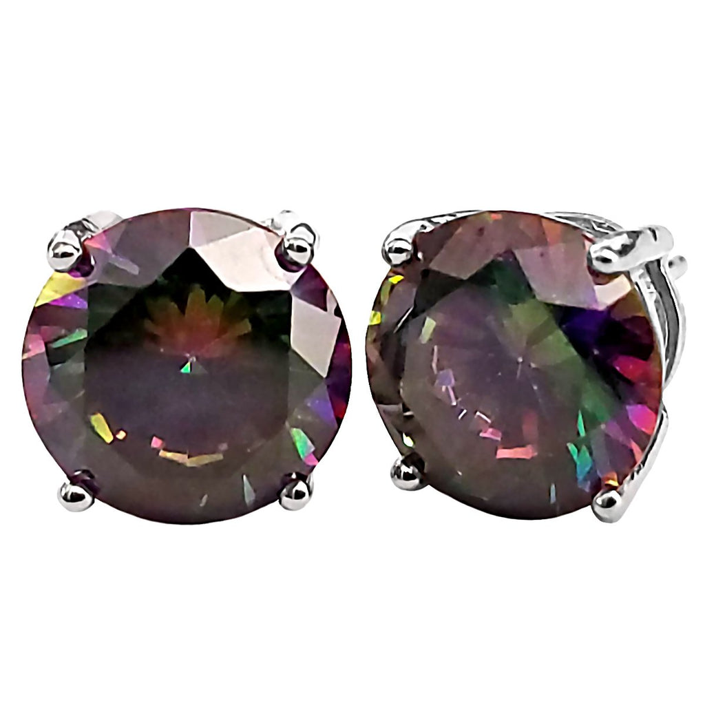 Trustmark 10mm Brilliant Cut Simulated Mystic Rainbow Topaz Ice CZ Silver Stud Earrings
