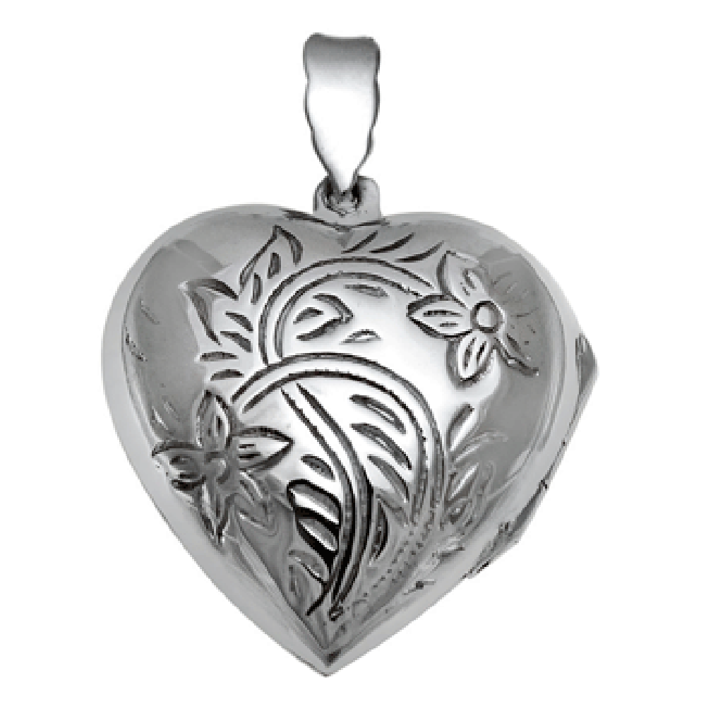 Floral Pattern Engraved Heart Locket Pendant 925 Sterling Silver