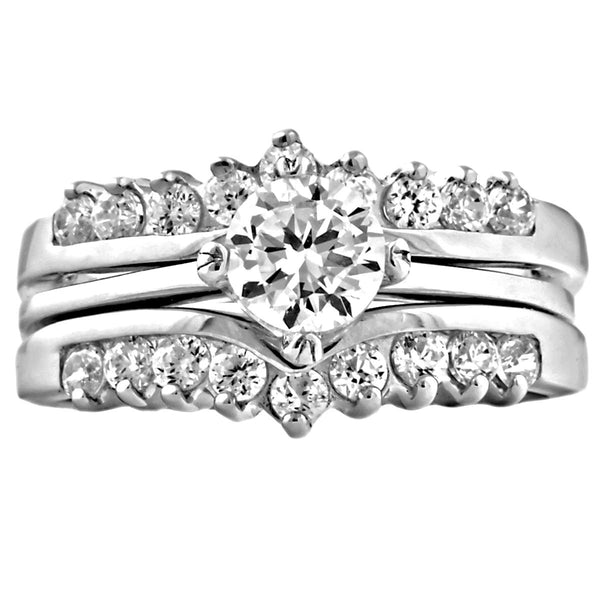 Christina: Ice on Fire CZ Wedding Ring Set with Ring Guard 925 Silver