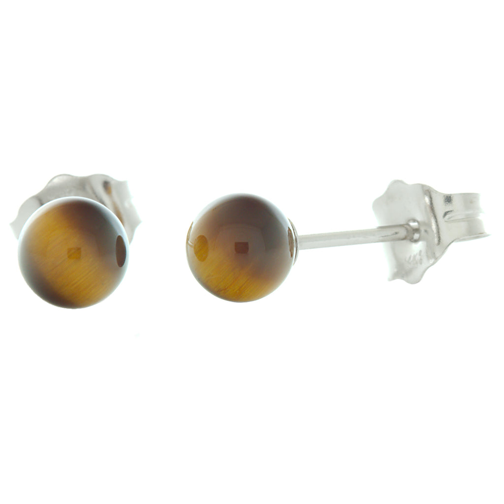 Natural Brown Tigers Eye Ball Stud Earrings 14K White Gold