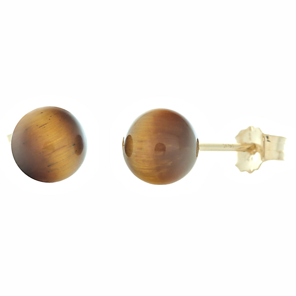 Natural Brown Tigers Eye Ball Stud Earrings 14-20 Gold Filled