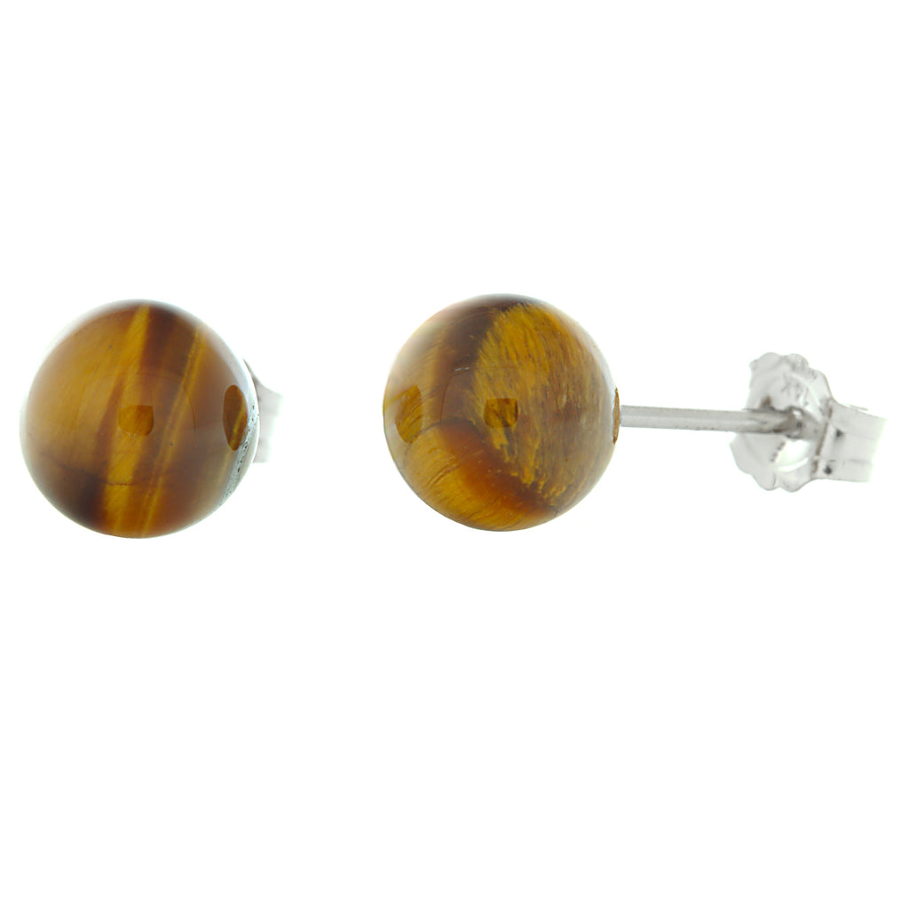 Natural Brown Tigers Eye Ball Stud Earrings 14K White Gold
