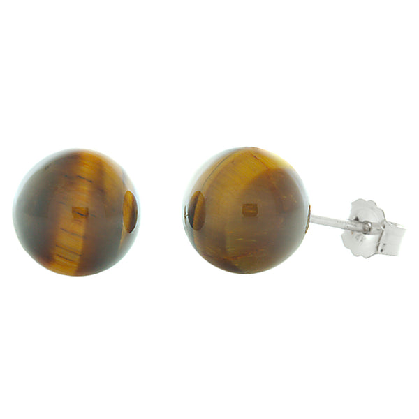 8mm Tigers Eye Ball Stud Earrings 14K White Gold