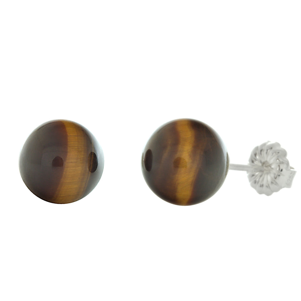 8mm Tigers Eye Ball Stud Earrings Sterling Silver