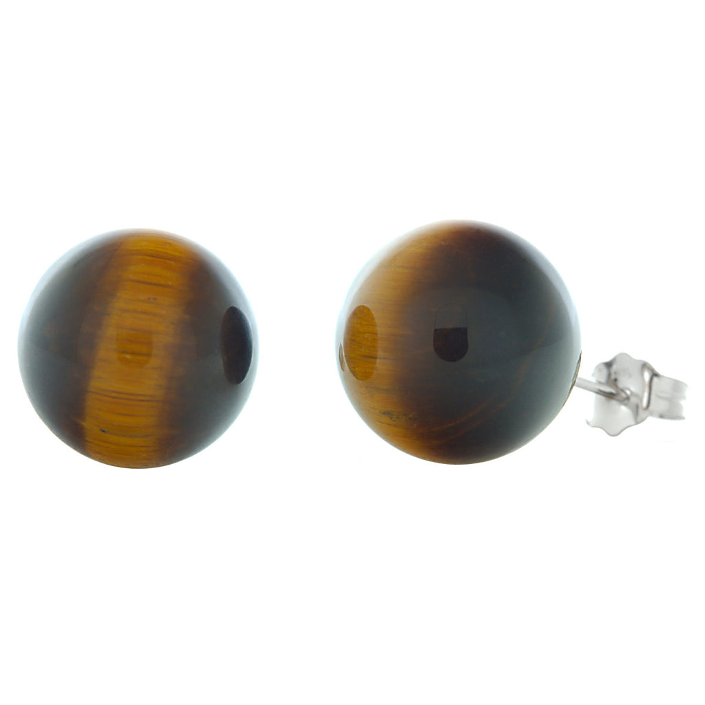 12mm Tigers Eye Ball Stud Earrings 14K White