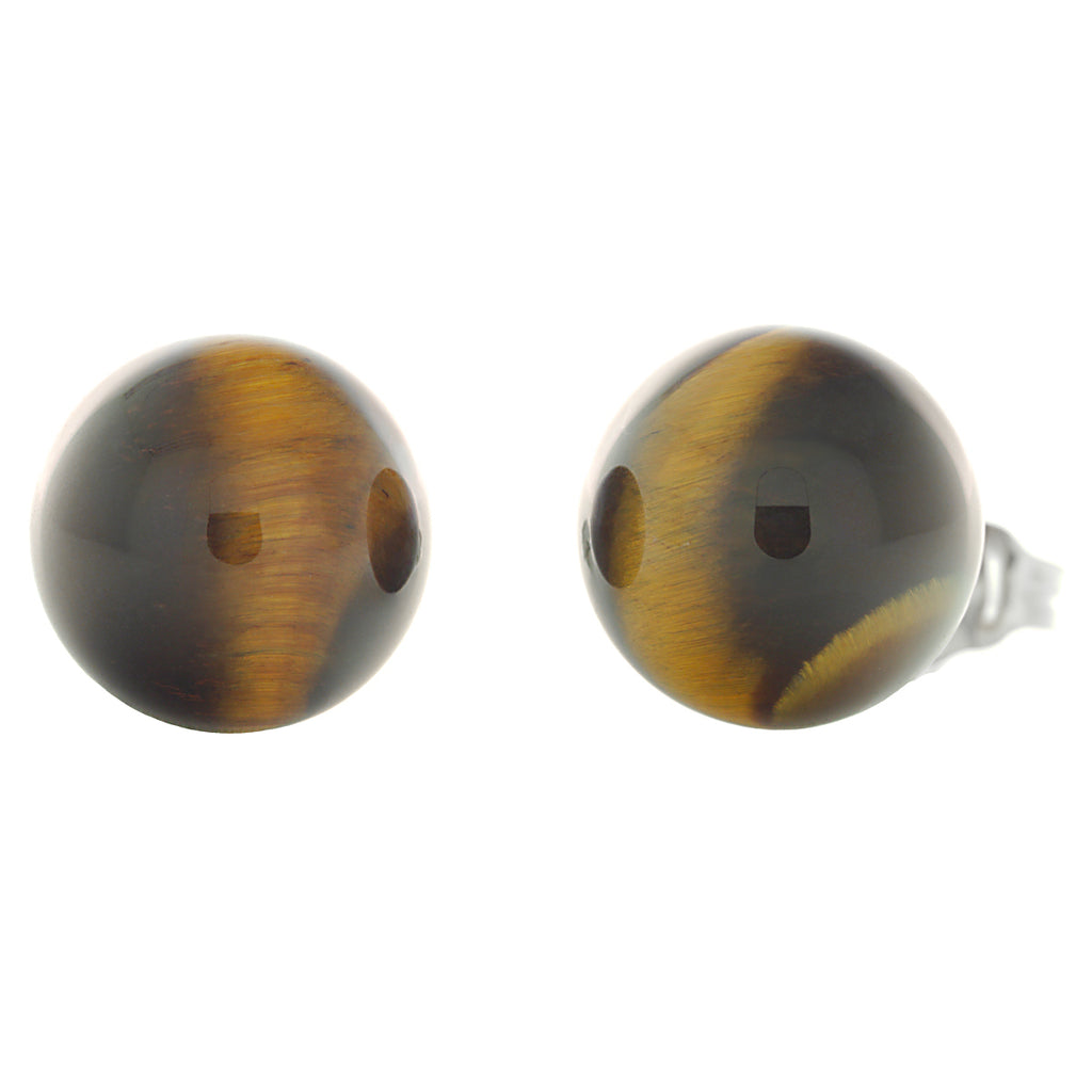 Natural Brown Tigers Eye Ball Stud Earrings 14K White Gold