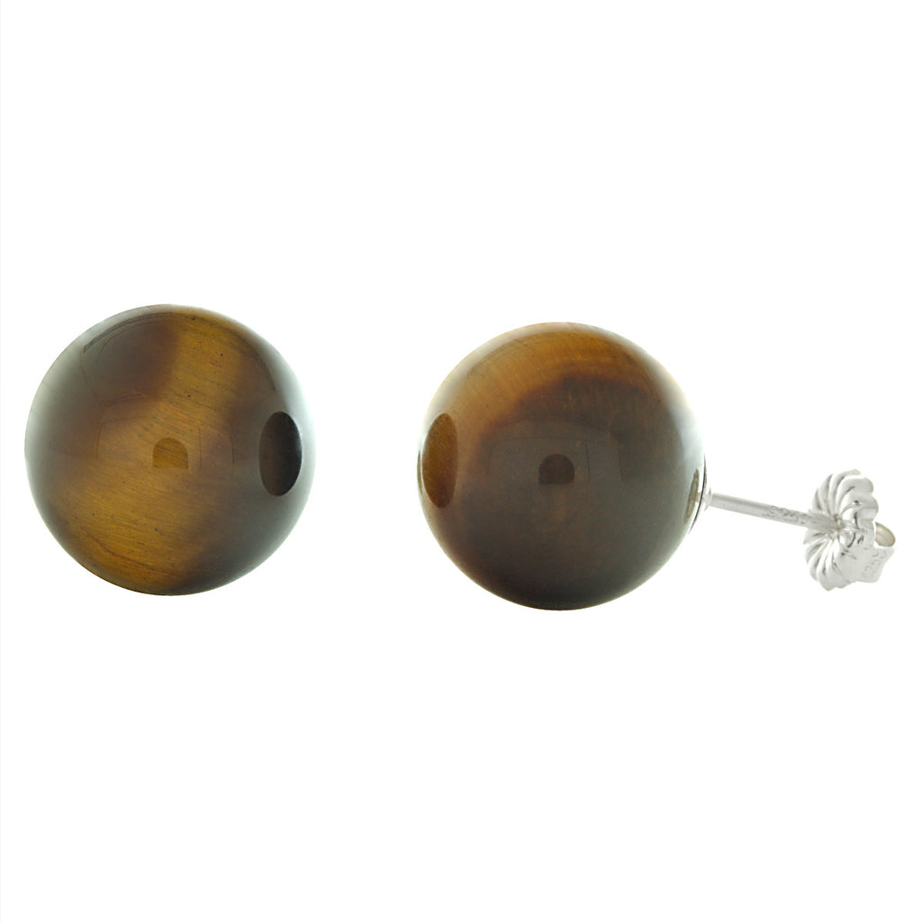 12mm Tigers Eye Ball Stud Earrings Sterling Silver