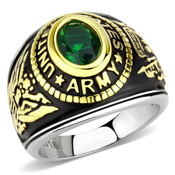 Unisex Simulated Emerald US Army Two-Tone Stainless Steel Ring