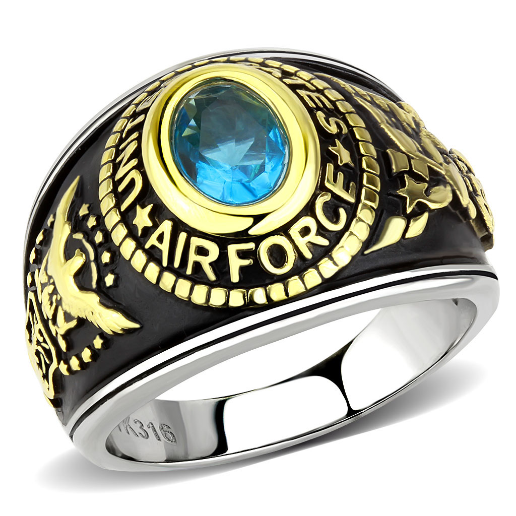 Unisex Simulated Swiss Blue Topaz US Air Force Two-Tone Stainless Steel Ring