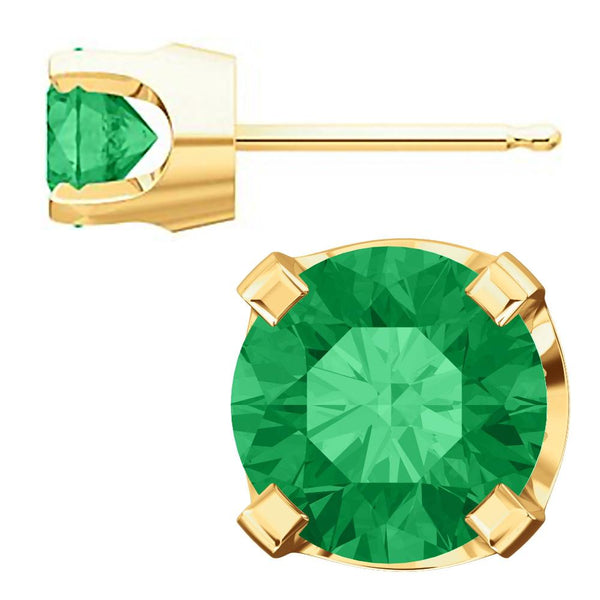 5mm, 1.0cts Simulated Emerald 4-Prong Stud Earrings 14K Yellow Gold - 1000Jewels.com