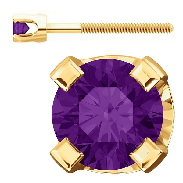 2mm, 0.06cts Genuine Natural Amethyst 4-Prong Screw Back Stud Earrings 14K Yellow Gold - 1000Jewels.com