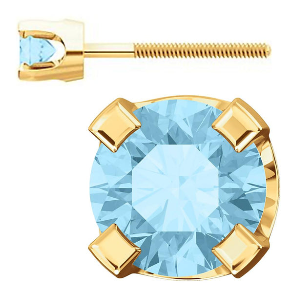 3mm, 0.2cts Genuine Natural Aquamarine 4-Prong Screw Back Stud Earrings 14K Yellow Gold - 1000Jewels.com