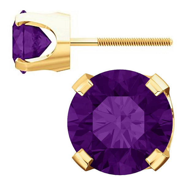 6mm, 1.5cts Genuine Natural Amethyst 4-Prong Screw Back Stud Earrings 14K Yellow Gold - 1000Jewels.com