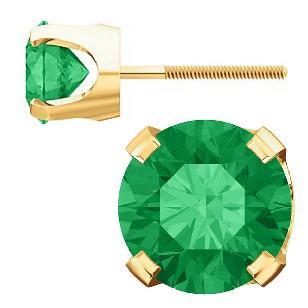 6mm, 1.5cts Simulated Emerald 4-Prong Screw Back Stud Earrings 14K Yellow Gold - 1000Jewels.com