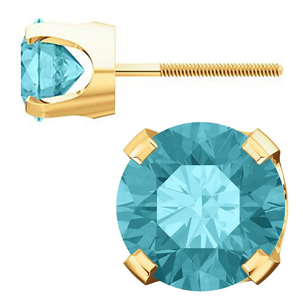 6mm, 1.5cts Simulated Blue Zircon 4-Prong Screw Back Stud Earrings 14K Yellow Gold - 1000Jewels.com
