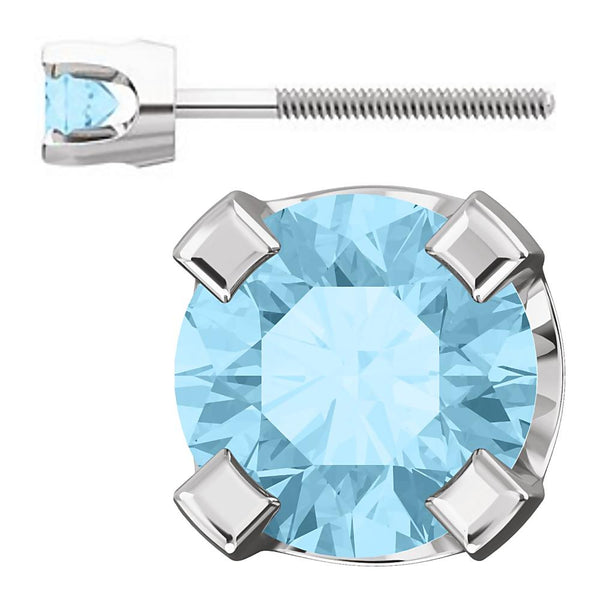 3mm, 0.2cts Genuine Natural Aquamarine 4-Prong Screw Back Stud Earrings 14K White Gold - 1000Jewels.com