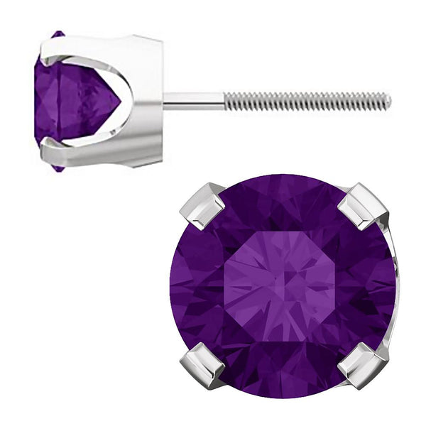 6mm, 1.5cts Genuine Natural Amethyst 4-Prong Screw Back Stud Earrings 14K White Gold - 1000Jewels.com