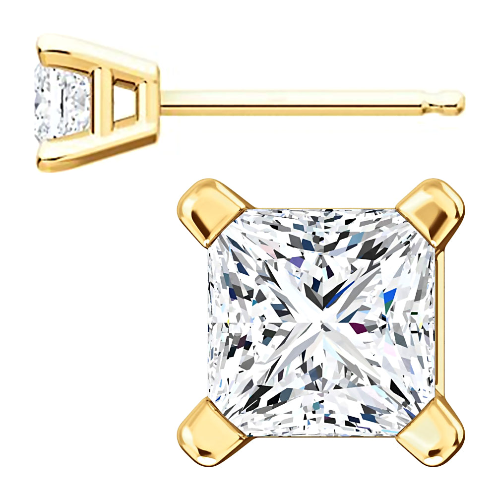 4mm, Princess Cut Ice on Fire Diamond CZ 14K Yellow Gold Cast Basket Stud Earrings