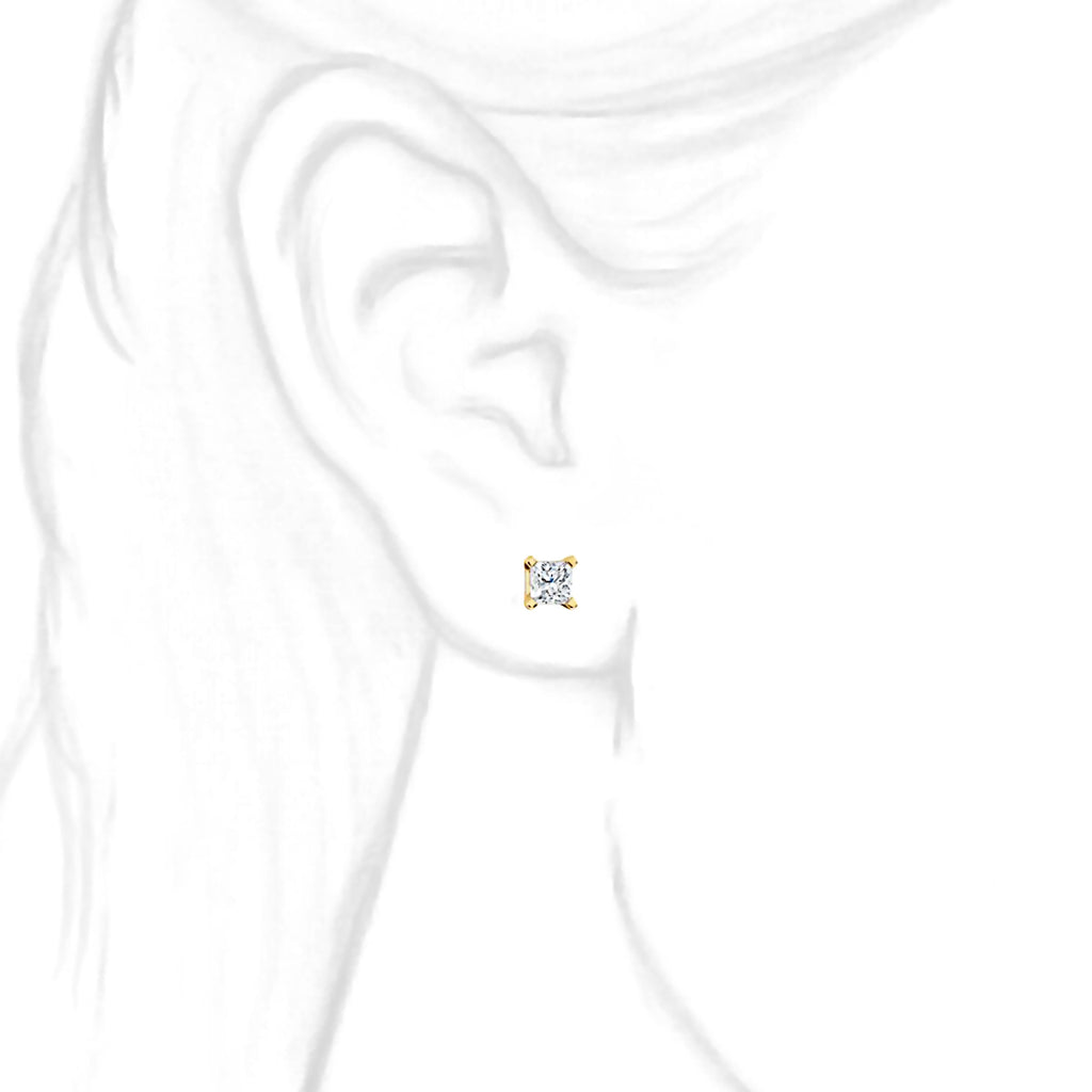 4mm, Princess Cut Ice on Fire Diamond CZ 14K Yellow Gold Cast Basket Stud Earrings