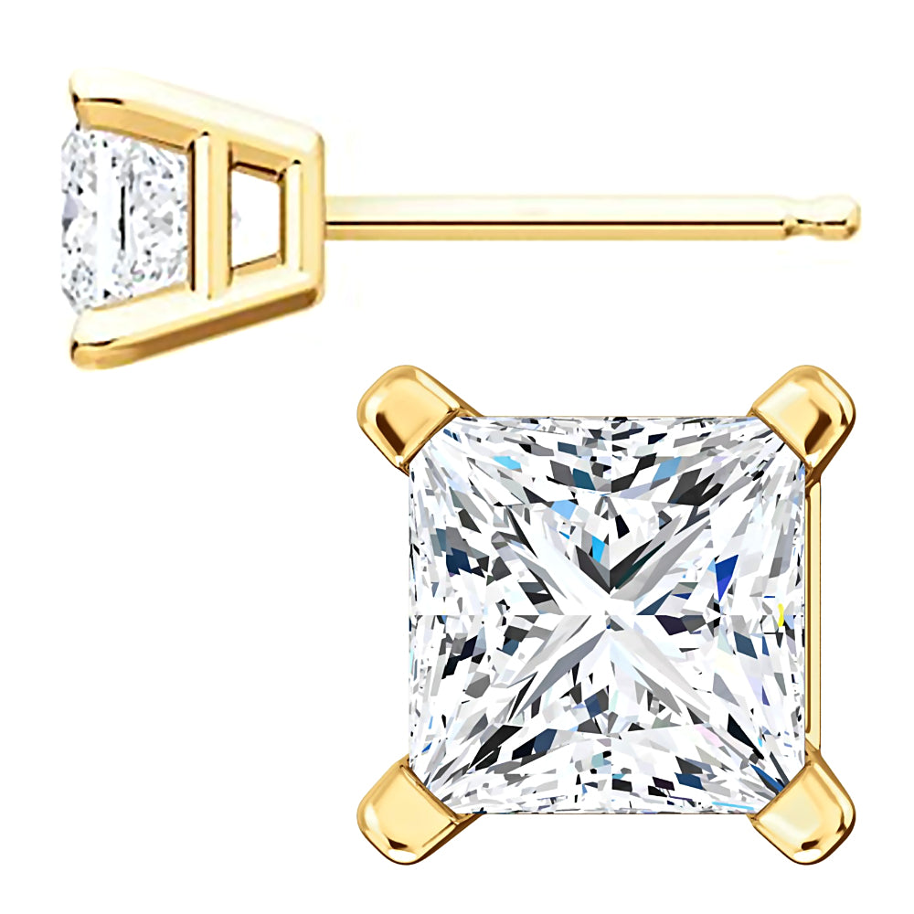5mm, Princess Cut Ice on Fire Diamond CZ 14K Yellow Gold Cast Basket Stud Earrings