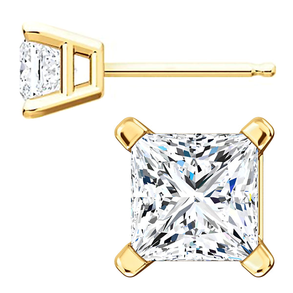 5mm, Princess Cut Ice on Fire Diamond CZ 14K Yellow Gold Cast Basket Stud Earrings