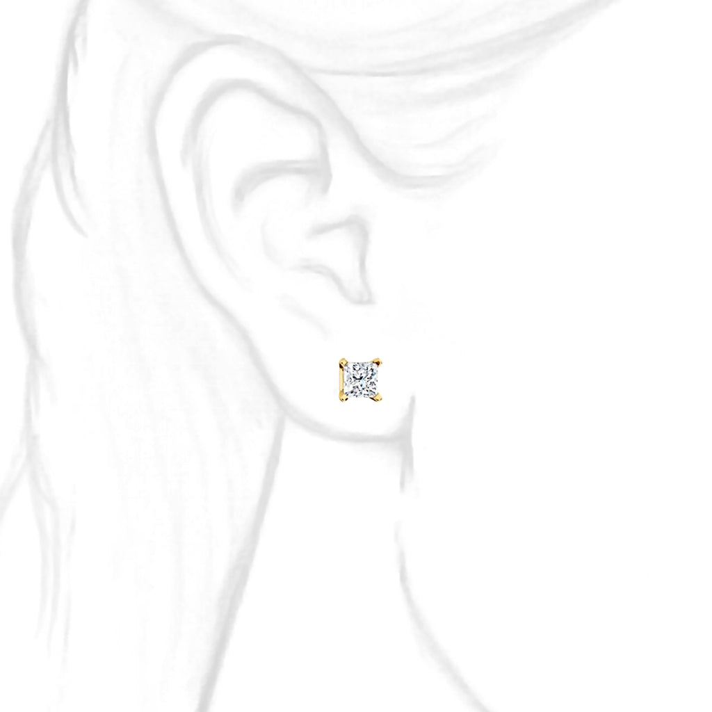 5mm, Princess Cut Ice on Fire Diamond CZ 14K Yellow Gold Cast Basket Stud Earrings