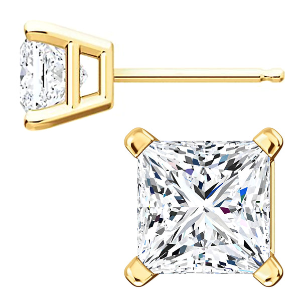 6mm, Princess Cut Ice on Fire Diamond CZ 14K Yellow Gold Cast Basket Stud Earrings