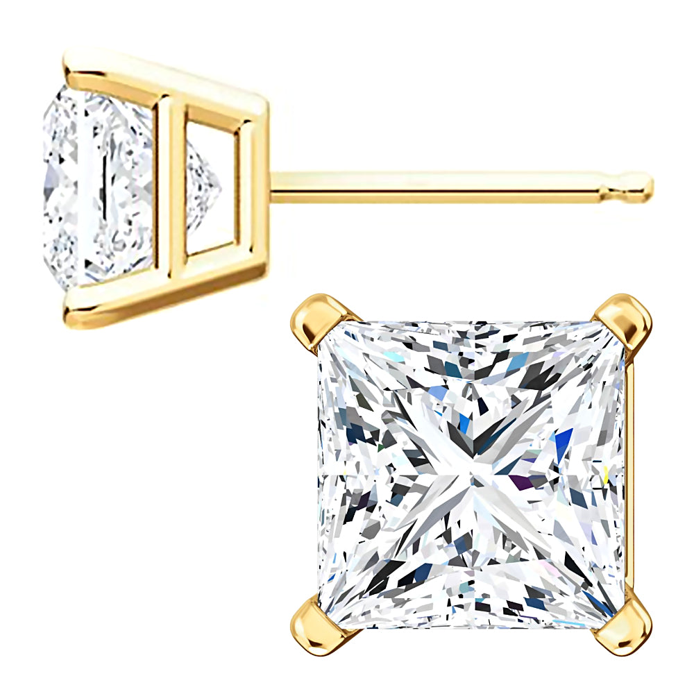 7mm, Princess Cut Ice on Fire Diamond CZ 14K Yellow Gold Cast Basket Stud Earrings