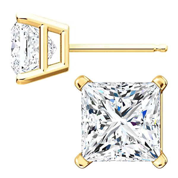 7mm, Princess Cut Ice on Fire Diamond CZ 14K Yellow Gold Cast Basket Stud Earrings