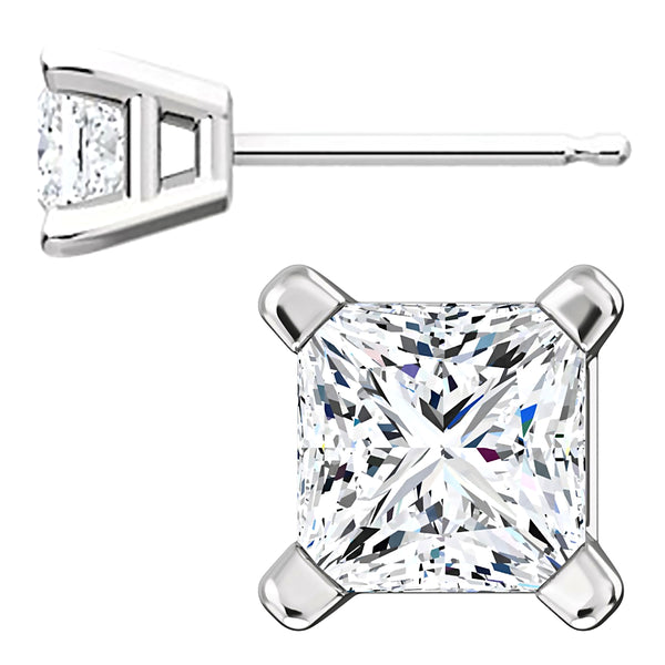 4mm, Princess Cut Ice on Fire Diamond CZ 14K White Gold Cast Basket Stud Earrings
