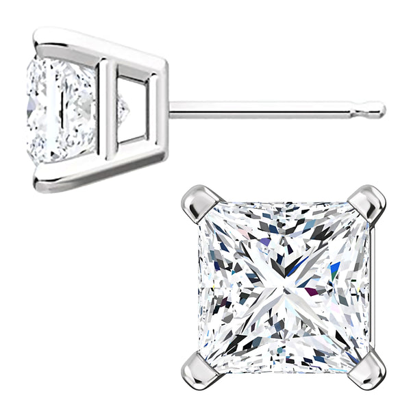 6mm, Princess Cut Ice on Fire Diamond CZ 14K White Gold Cast Basket Stud Earrings