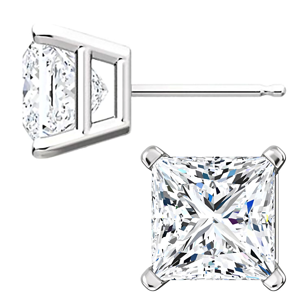 7mm, Princess Cut Ice on Fire Diamond CZ 14K White Gold Cast Basket Stud Earrings