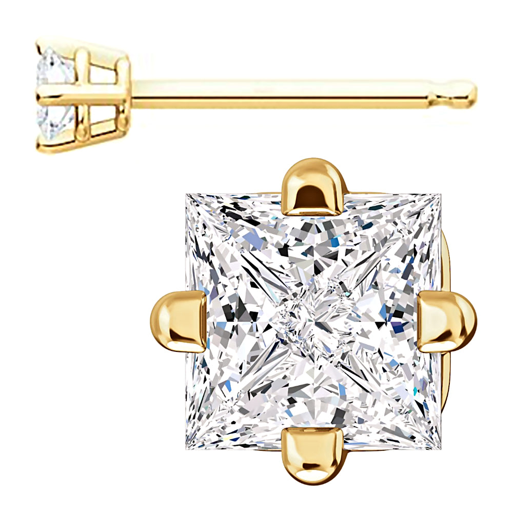 3mm, Princess Cut Ice on Fire Diamond CZ 14K Yellow Gold Side-Set Cast Basket Stud Earrings
