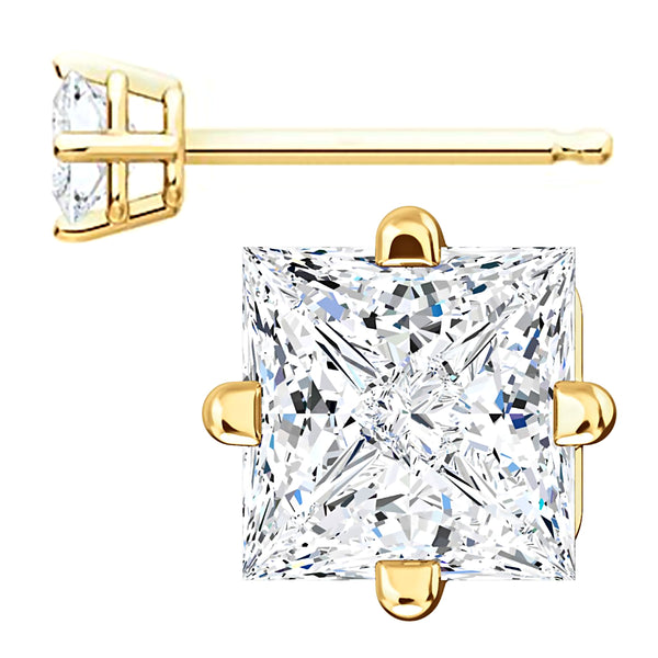 4mm, Princess Cut Ice on Fire Diamond CZ 14K Yellow Gold Side-Set Cast Basket Stud Earrings