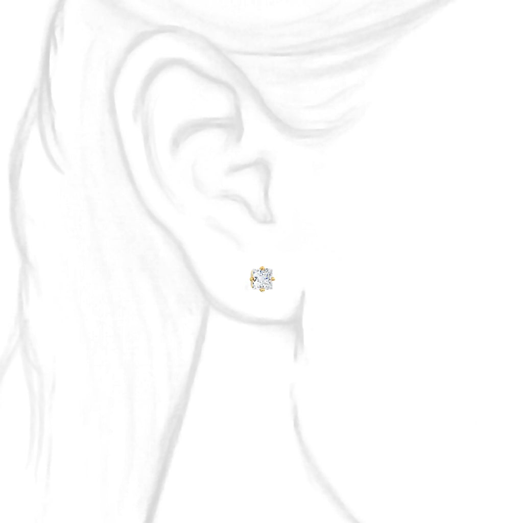 4mm, Princess Cut Ice on Fire Diamond CZ 14K Yellow Gold Side-Set Cast Basket Stud Earrings