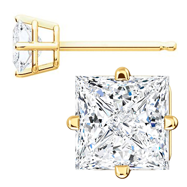 5mm, Princess Cut Ice on Fire Diamond CZ 14K Yellow Gold Side-Set Cast Basket Stud Earrings
