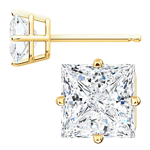6mm, Princess Cut Ice on Fire Diamond CZ 14K Yellow Gold Side-Set Cast Basket Stud Earrings