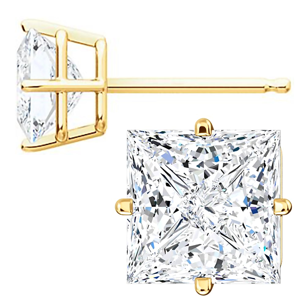 7mm, Princess Cut Ice on Fire Diamond CZ 14K Yellow Gold Side-Set Cast Basket Stud Earrings