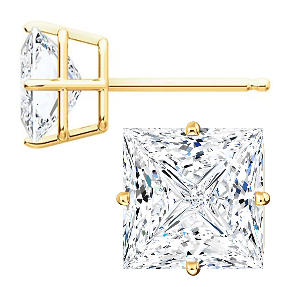 8mm, Princess Cut Ice on Fire Diamond CZ 14K Yellow Gold Side-Set Cast Basket Stud Earrings