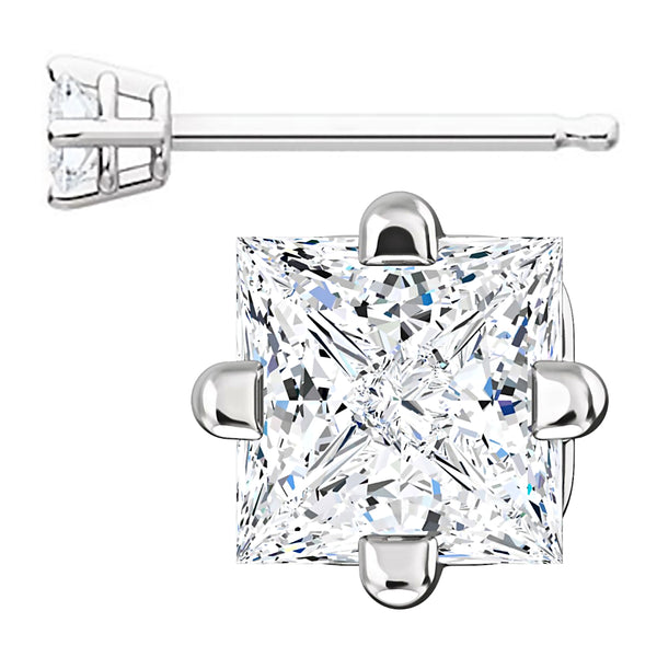 3mm, Princess Cut Ice on Fire Diamond CZ 14K White Gold Side-Set Cast Basket Stud Earrings