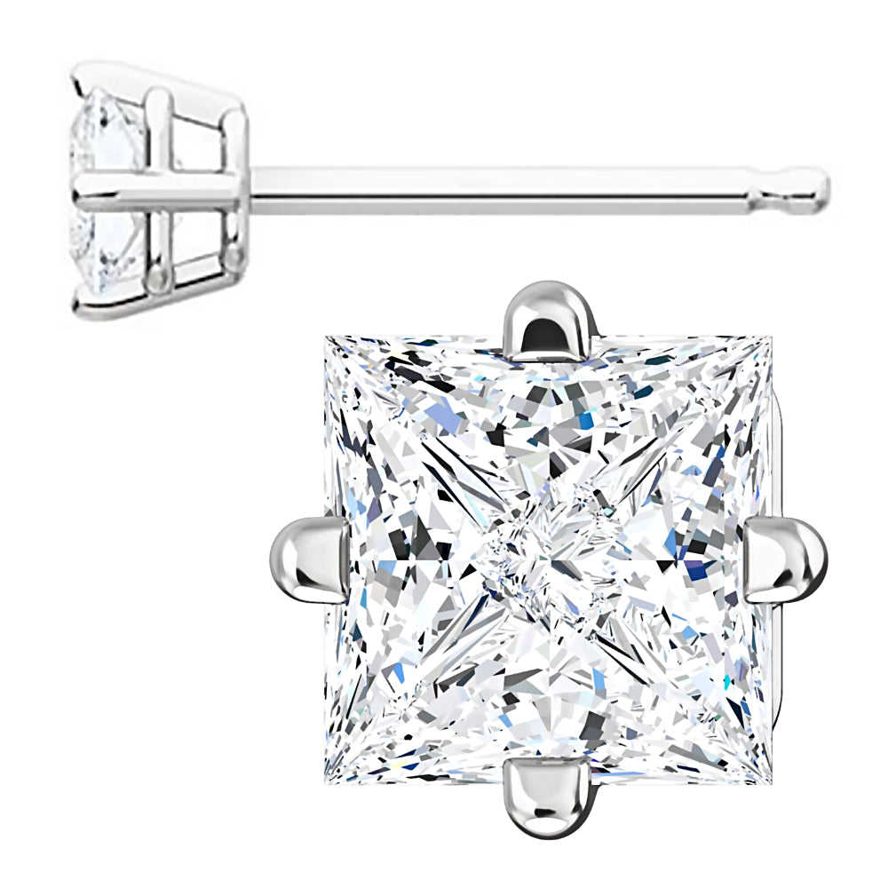 4mm, Princess Cut Ice on Fire Diamond CZ 14K White Gold Side-Set Cast Basket Stud Earrings