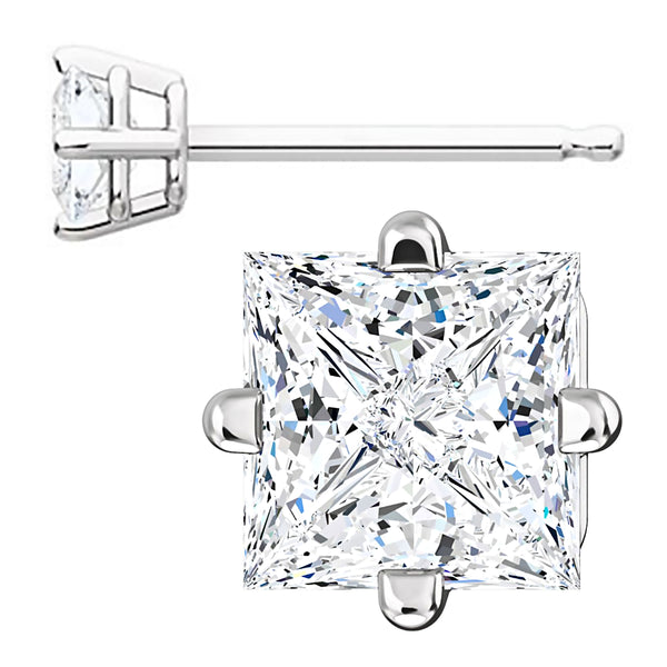 4mm, Princess Cut Ice on Fire Diamond CZ 14K White Gold Side-Set Cast Basket Stud Earrings