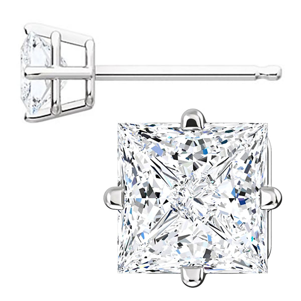 5mm, Princess Cut Ice on Fire Diamond CZ 14K White Gold Side-Set Cast Basket Stud Earrings